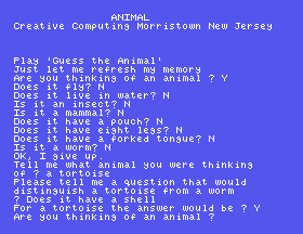 ANIMAL, the 1984 guessing game on the disc, learning about a tortoise