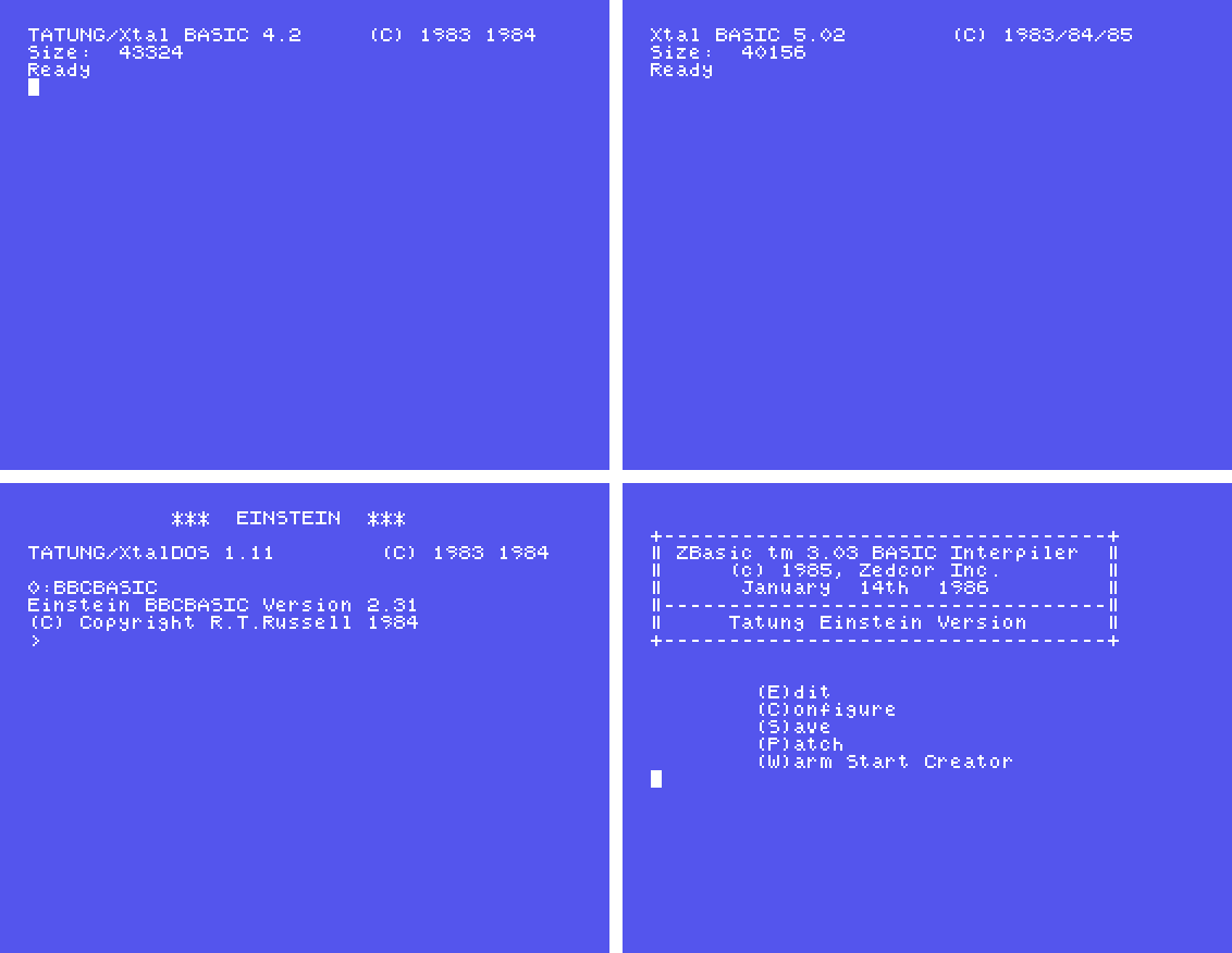 Four Einstein BASICs signing on: TATUNG/Xtal BASIC 4.2 with Size 43324; Xtal BASIC 5.02 with Size 40156; Einstein BBCBASIC Version 2.31 by R.T. Russell; and the ZBasic 3.03 Tatung Einstein Version menu