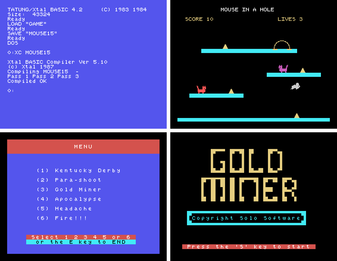 The Xtal BASIC Compiler on the Einstein: XC compiling a program, Mouse In A Hole running compiled, the Family fun pack's compiled menu, and Solo Software's Gold Miner