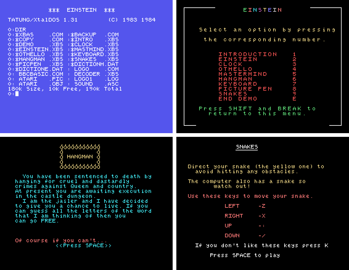 The System Master on the Einstein: its directory listing, the DEMO menu of Tatung's nine programs, the opening screen of Hangman, and the instructions for Snakes
