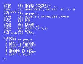 The Towers of Hanoi, compiled from the disc and run