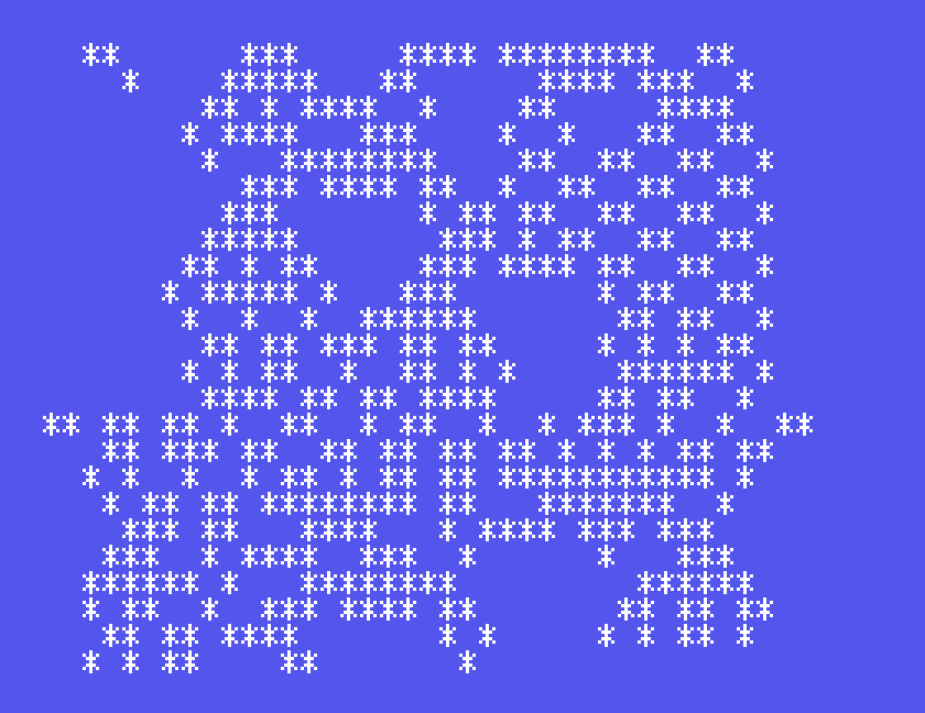 A colony of asterisks weaving down the Tatung Einstein screen in 1D Life