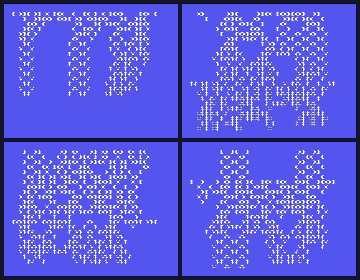 Four screens of 1D Life on the Tatung Einstein: colonies of asterisks growing, weaving and dying out down the screen