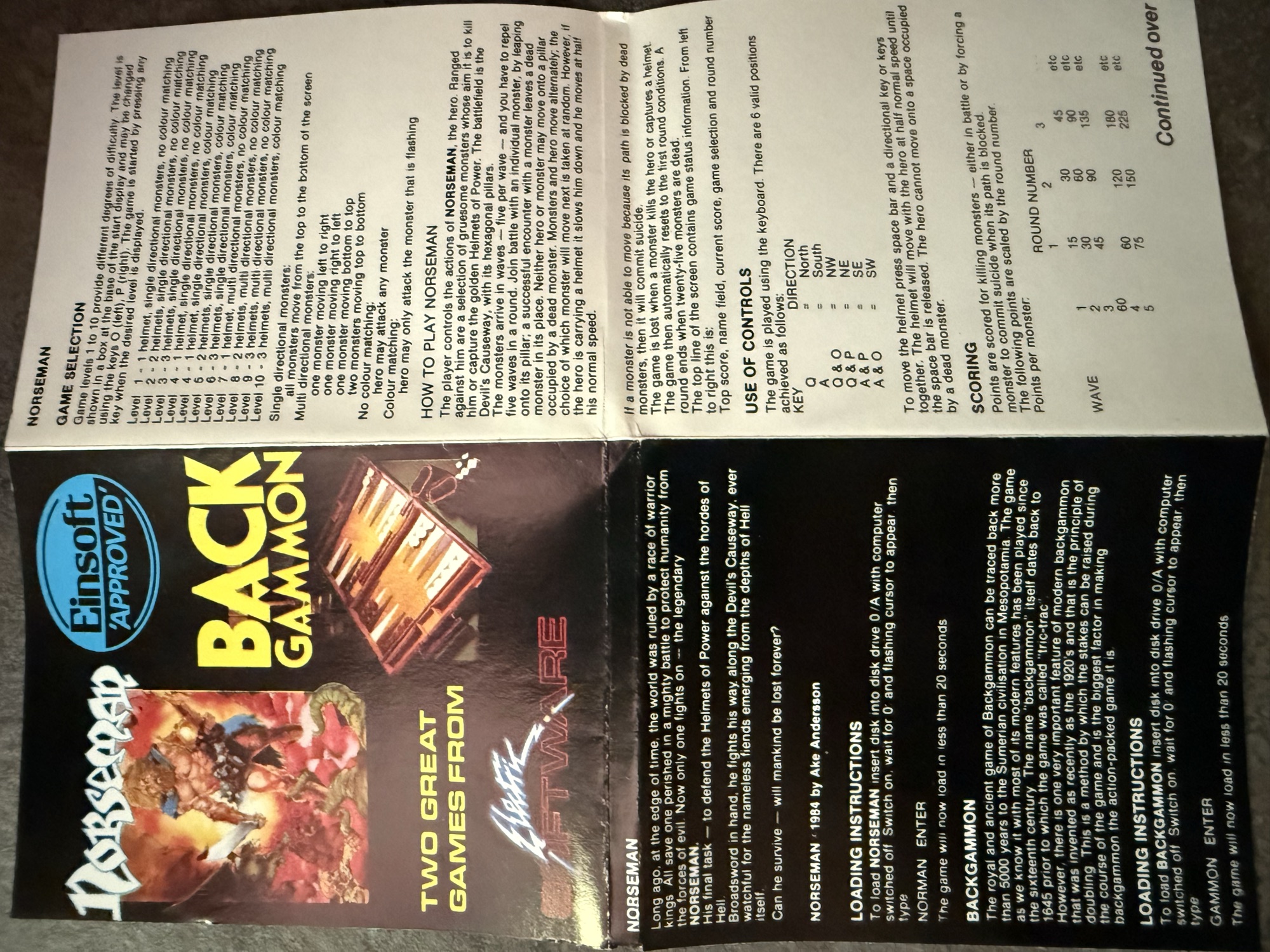 Unfolded inlay, outer side: cover art, the Norseman story and the Norseman game selection, controls and scoring instructions