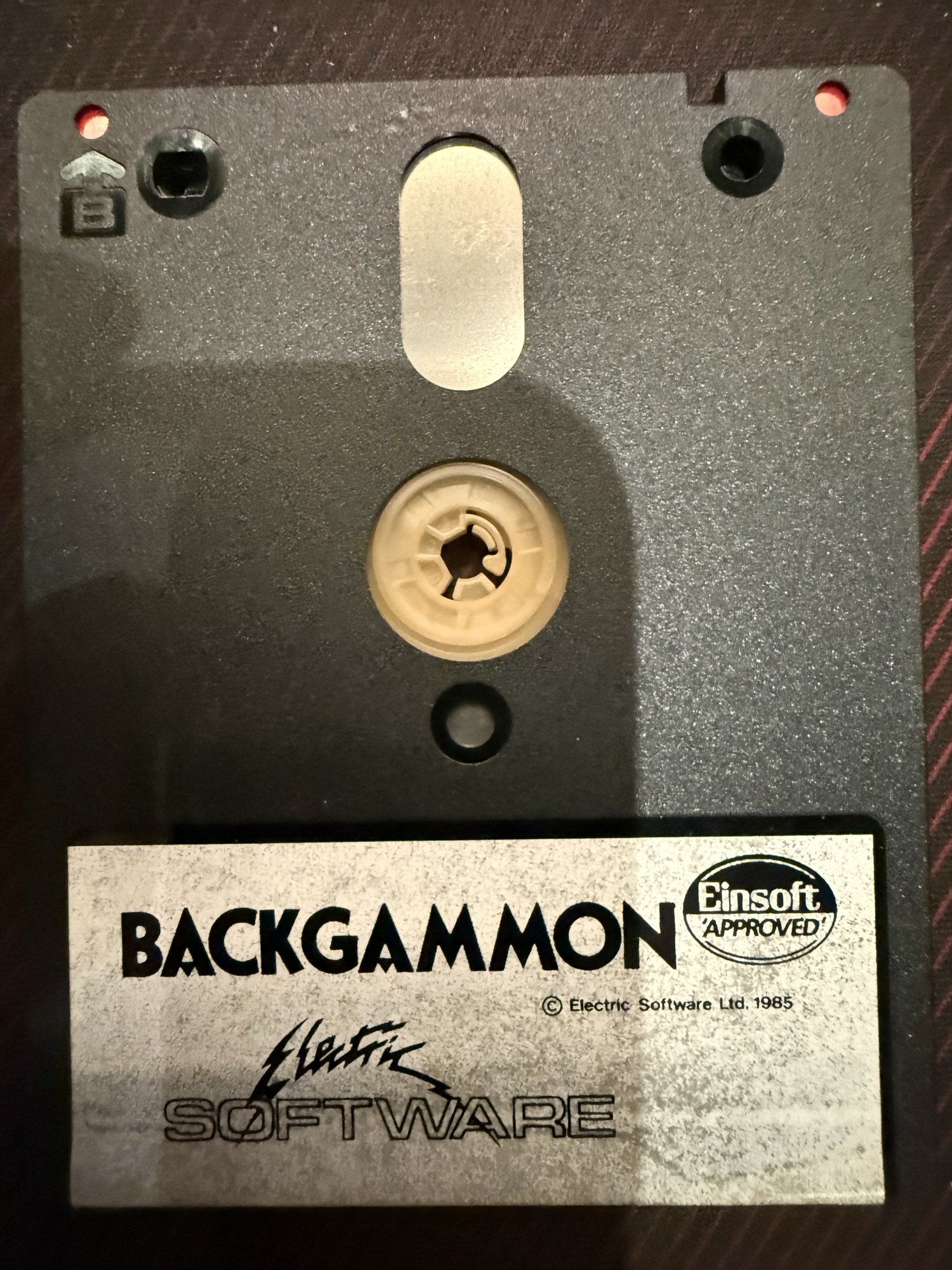 Side B of the 3 inch disc with the Backgammon label, Einsoft Approved, copyright Electric Software Ltd 1985