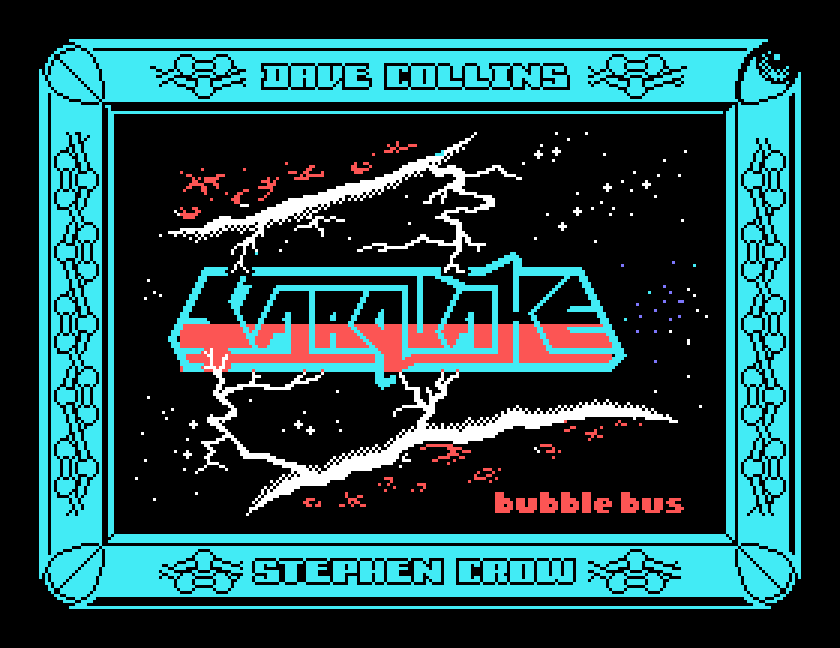 Starquake title screen crediting Dave Collins and Stephen Crow, with the Bubble Bus logo, captured in MAME on the Tatung Einstein