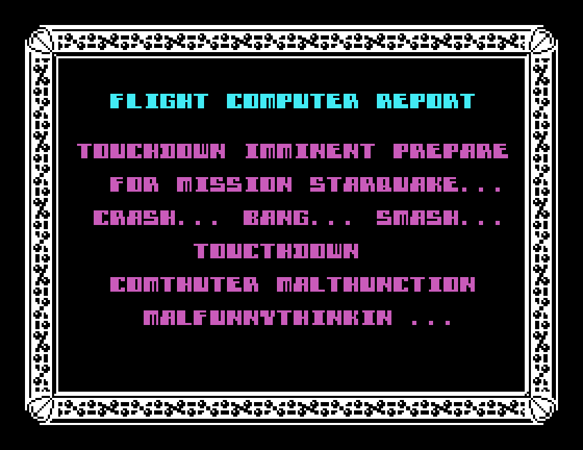 Starquake's Flight Computer Report screen shown before play begins, captured in MAME on the Tatung Einstein
