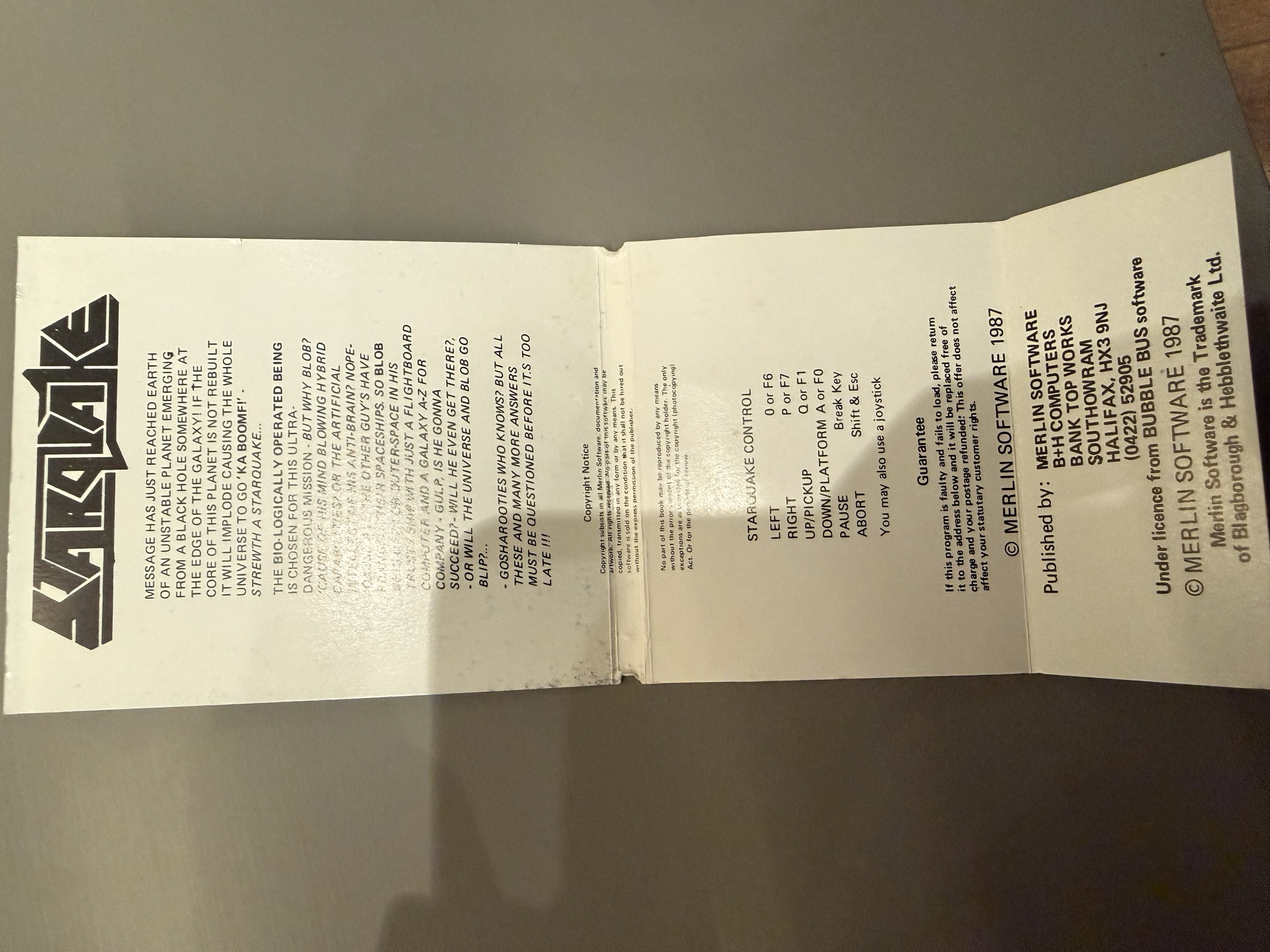 Unfolded inlay, inner side: the story, the control keys, the guarantee and the notice Copyright Merlin Software 1987, under licence from Bubble Bus software