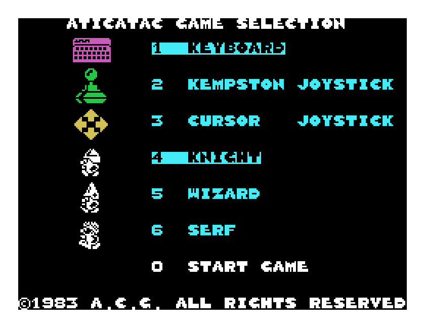 Atic Atac's game selection screen on the Einstein