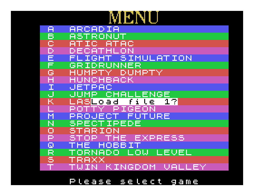 SP1's menu, with F6 and 1 pressed: Load file 1?