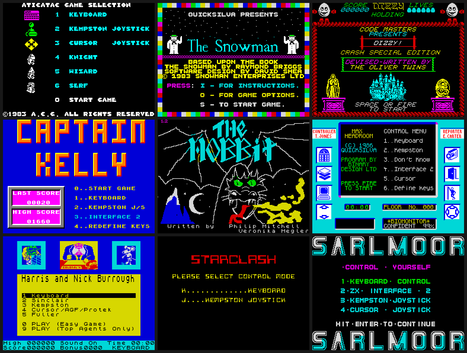 Nine title screens from the pack, rendered from the saved games: Atic Atac, The Snowman, Dizzy, Captain Kelly, The Hobbit, Max Headroom, Dangermouse in Double Trouble, Starclash and Sarlmoor
