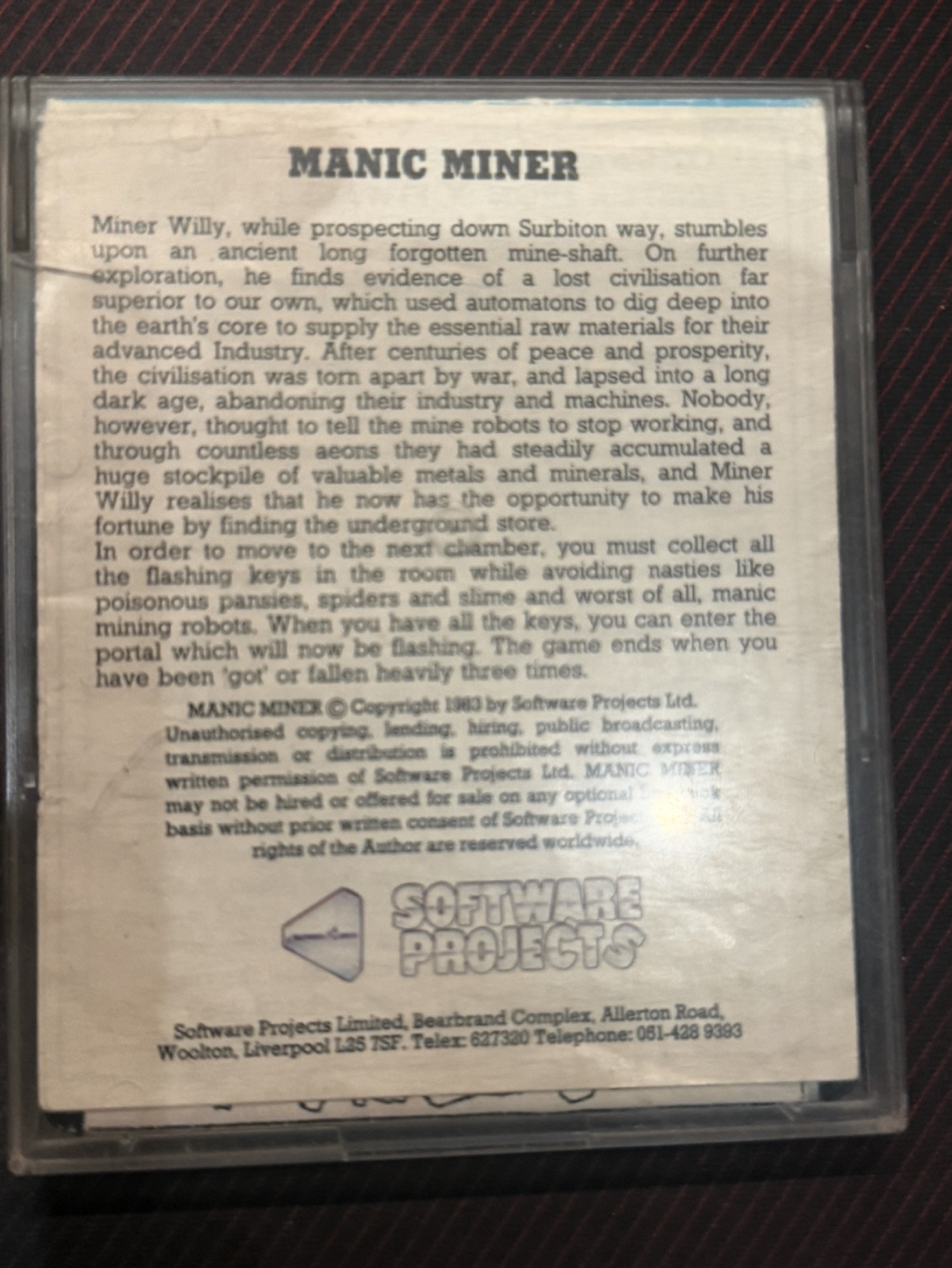 Back of the case with the Miner Willy story, the 1983 Software Projects copyright notice and the company's Liverpool address