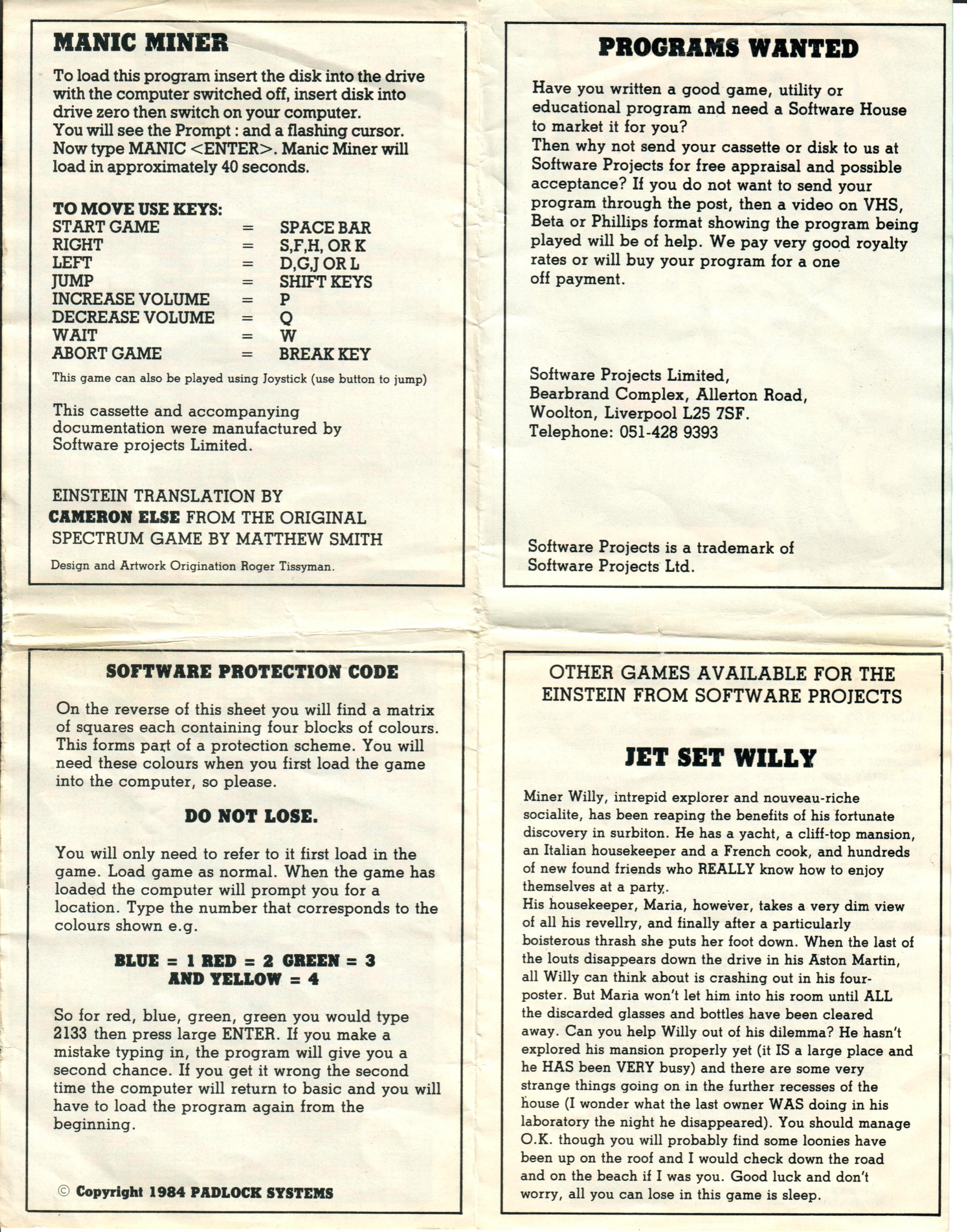 Scan of the inside of the inlay: loading instructions and keys, the credit Einstein translation by Cameron Else from the original Spectrum game by Matthew Smith, the Software Protection Code instructions, a Programs Wanted notice and a Jet Set Willy advert