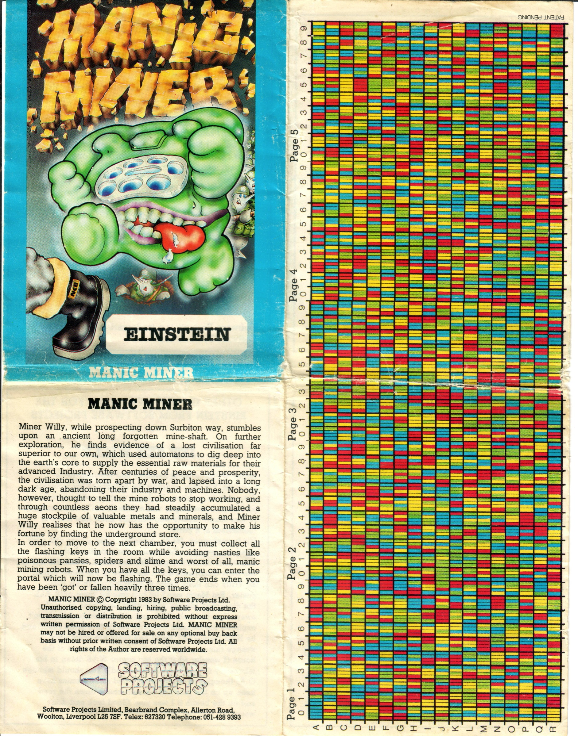 Scan of the outside of the inlay: cover art, the Miner Willy story, and the Software Protection Code colour matrix, pages 1 to 5, rows A to R, columns 0 to 9
