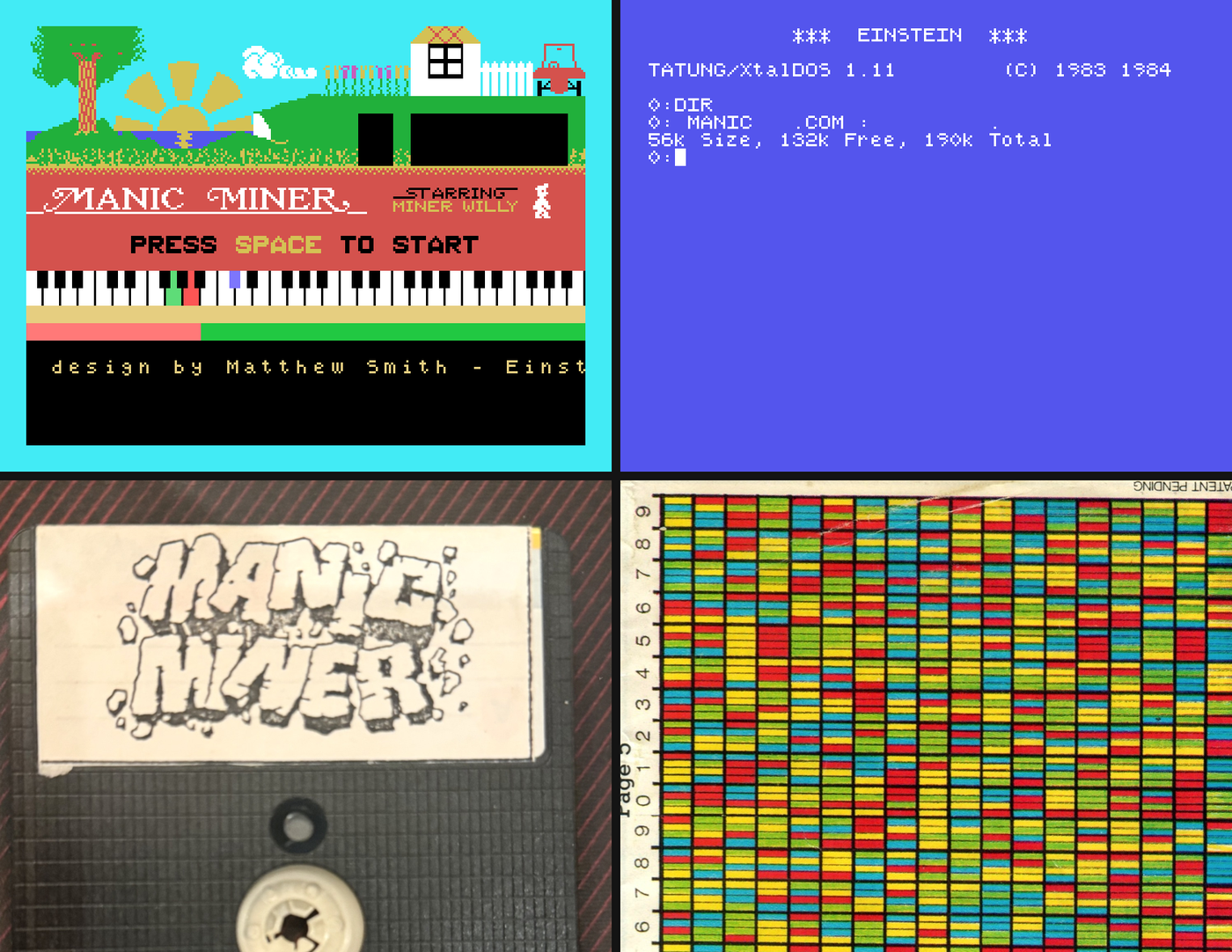 Manic Miner on the Einstein: the title screen, an XtalDOS DIR listing showing a file with no name, the original disc, and the colour matrix of the Software Protection Code sheet