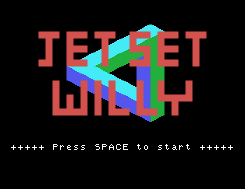 Jet Set Willy title screen, the isometric logo over Press Space to start, captured in MAME on the Tatung Einstein from the recovered FASTJETS build