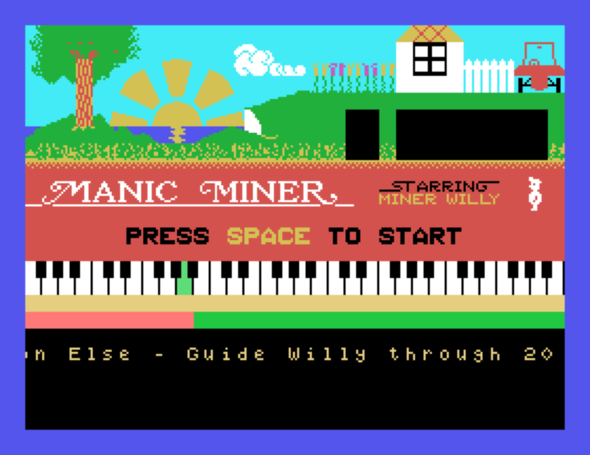 Manic Miner title screen, Press Space to Start over a piano keyboard, captured in MAME on the Tatung Einstein from the recovered FASTMANI build