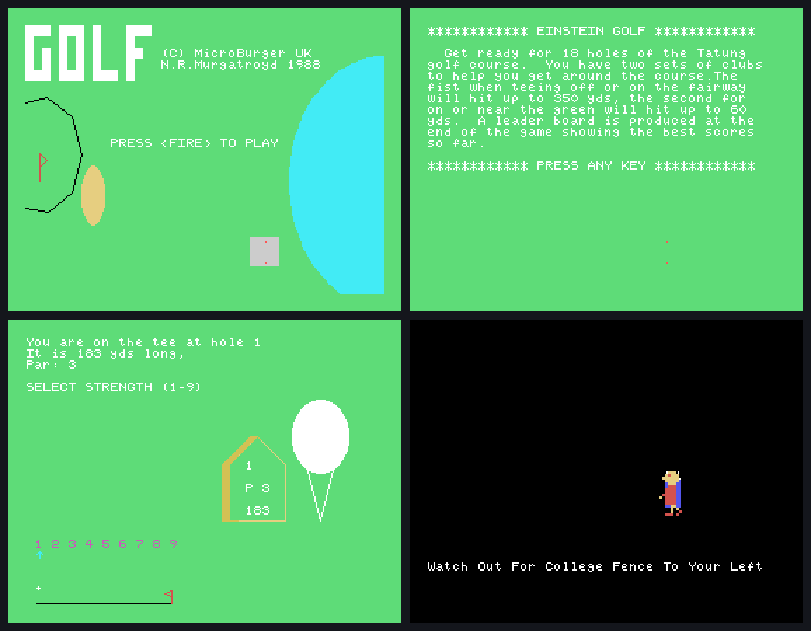 The recovered GOLF game running on the Tatung Einstein: the title screen crediting MicroBurger UK and N.R.Murgatroyd, the instructions, the first tee at 183 yards with the strength selector, and the golfer being warned about the college fence