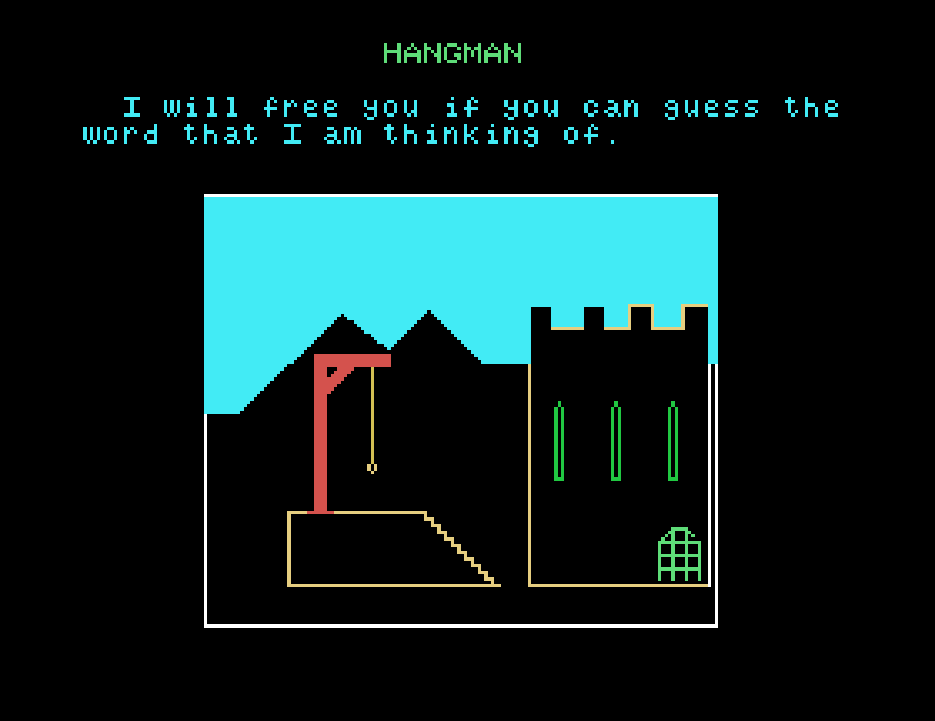 Hangman on the Tatung Einstein: the gallows and castle, with the choice of a hard or easy word