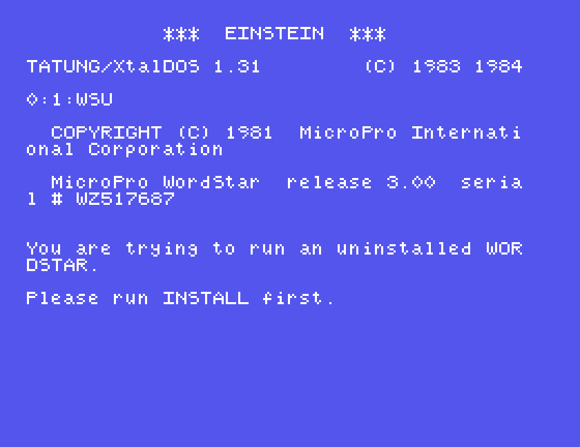 WordStar 3.00 on the Tatung Einstein, showing the MicroPro copyright banner and serial number