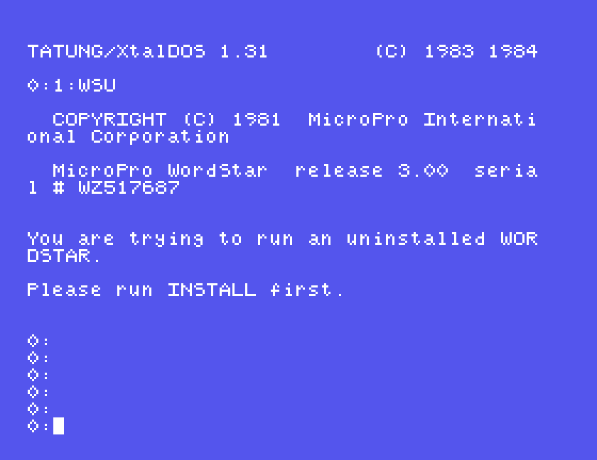 The message asking for INSTALL to be run first, back at the DOS prompt