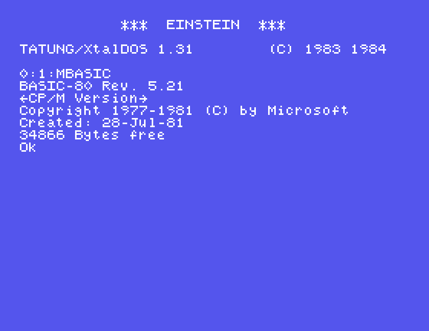 Microsoft BASIC-80 Rev 5.21 signing on over XtalDOS on the Tatung Einstein
