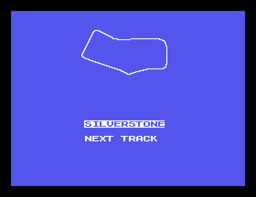 The circuit selection screen of F1SIM on the Tatung Einstein, showing the outline of Silverstone
