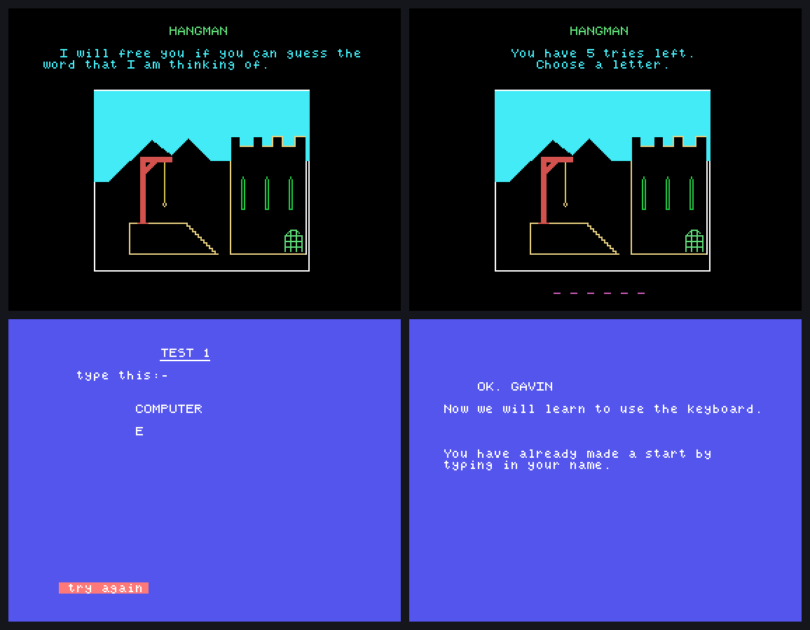 The two recovered 1984 builds running on the Tatung Einstein: Hangman's gallows and castle with a word to guess, and the Keyboard Trainer's first typing test