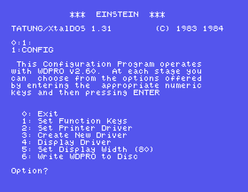 The WDPro configuration program, naming WDPRO V2.60, with options for function keys, printer drivers and display width