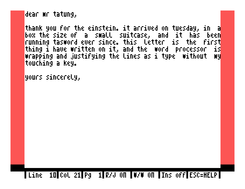 A short letter typed into Tasword: white page, red margins, the status line along the bottom
