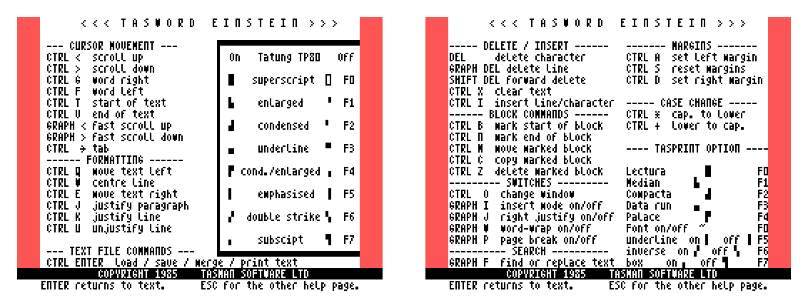 The two Tasword help pages side by side: cursor movement, formatting and text file commands on the first, delete and insert, blocks, switches, search, margins and case change on the second