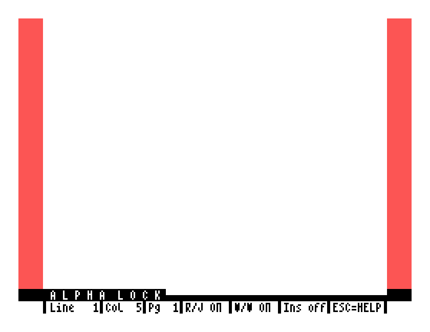 Tasword's opening screen: an empty white page between two red margin bars, ALPHA LOCK in the status area and the line, column and page counters along the bottom