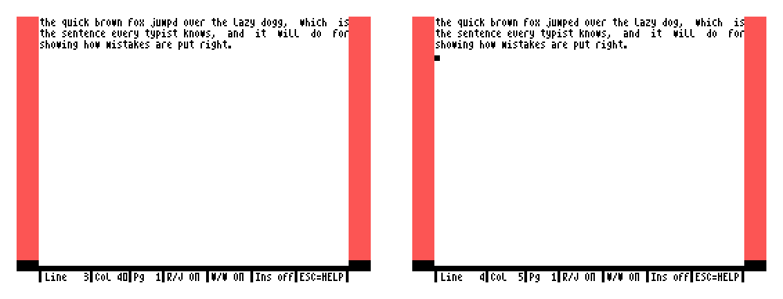 Before and after: a sentence with jumpd and dogg typed into it, and the same sentence corrected and rejustified