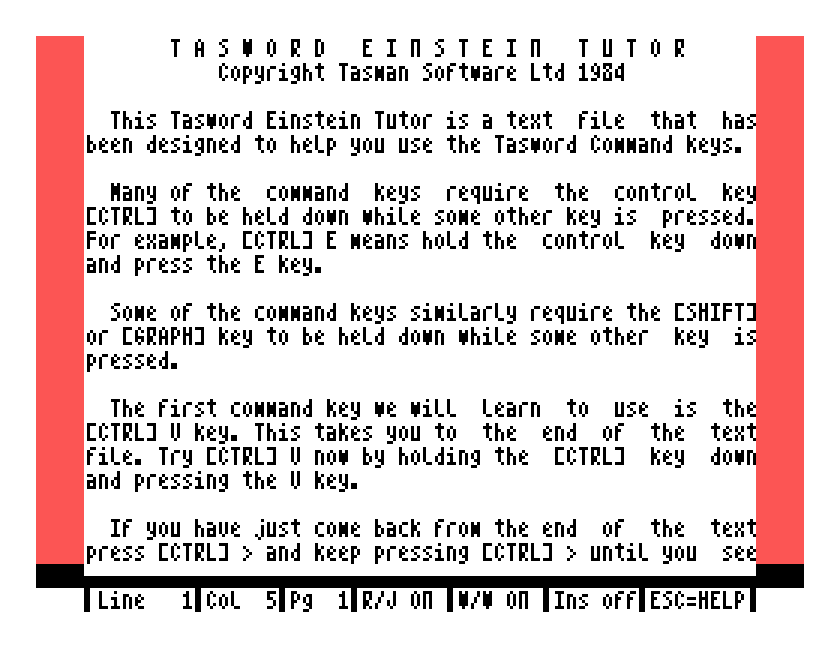 The start of the Tasword Einstein Tutor loaded into Tasword