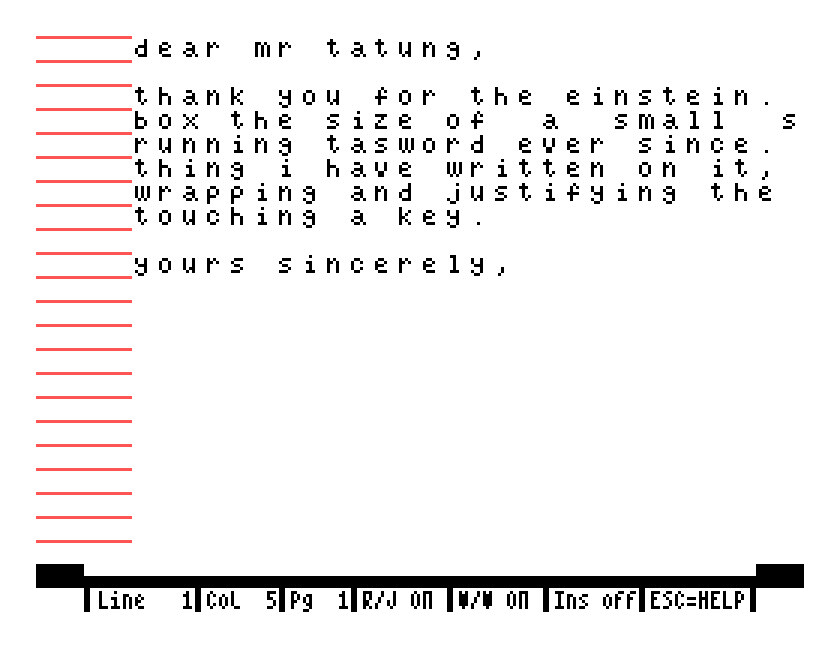 The same letter in Tasword's large-letter window: 32 characters across, the right hand part of each line off the edge of the screen