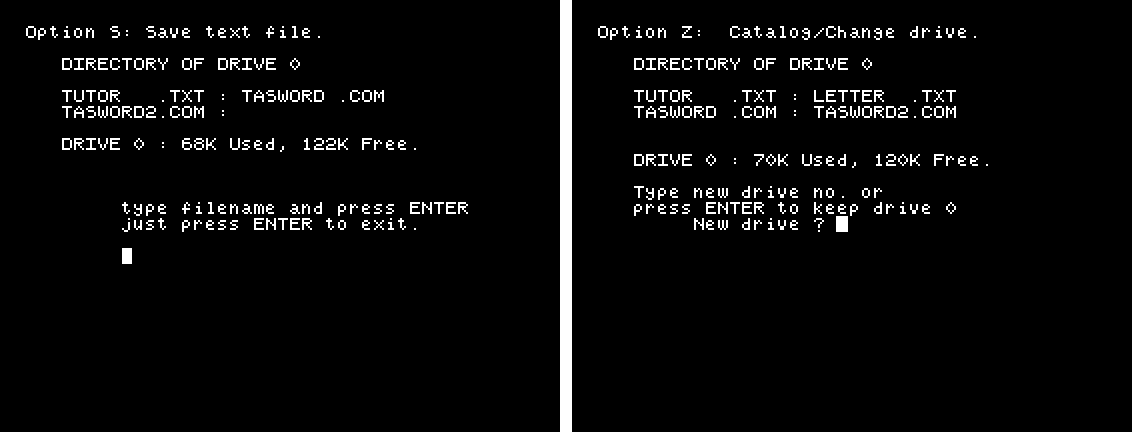 Left: the save prompt with the disc's directory above it. Right: the catalogue after saving, with LETTER.TXT on the disc