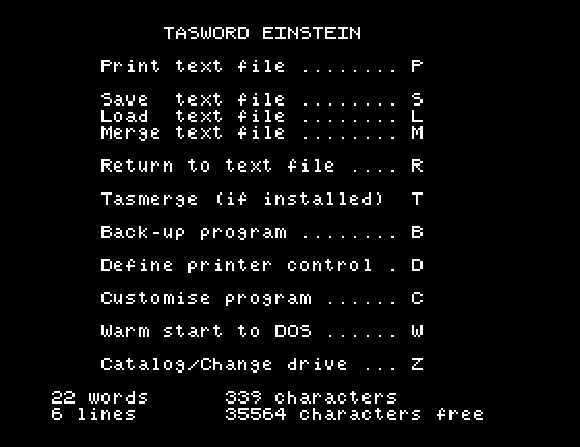 The Tasword main menu: Print, Save, Load, Merge, Return to text, Tasmerge, Back-up program, Define printer control, Customise program, Warm start to DOS, Catalog/Change drive, and the counts beneath
