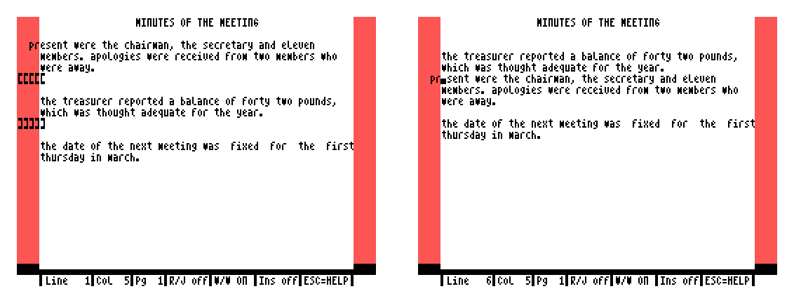 Left: the treasurer's paragraph between a row of [ markers and a row of ] markers. Right: the same paragraph moved above the first paragraph