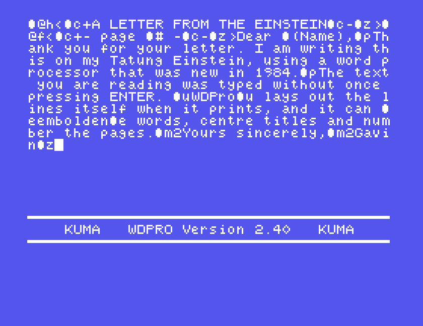 The WDPro screen with a short letter typed in: the words run on in 40 character rows, with format commands shown as small symbols among them