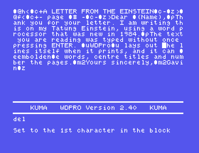 The command area showing del and the prompt Set to the 1st character in the block