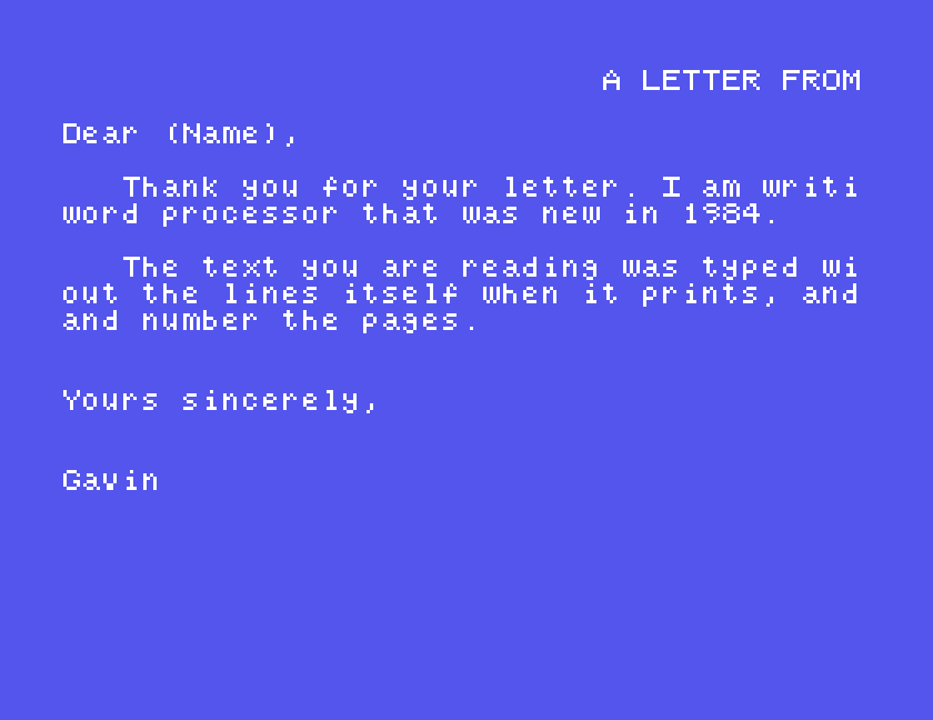 The formatted letter previewed on screen: indented paragraphs, a blank line between them, the header and Dear (Name) at the top, lines cut off at the right edge of the screen
