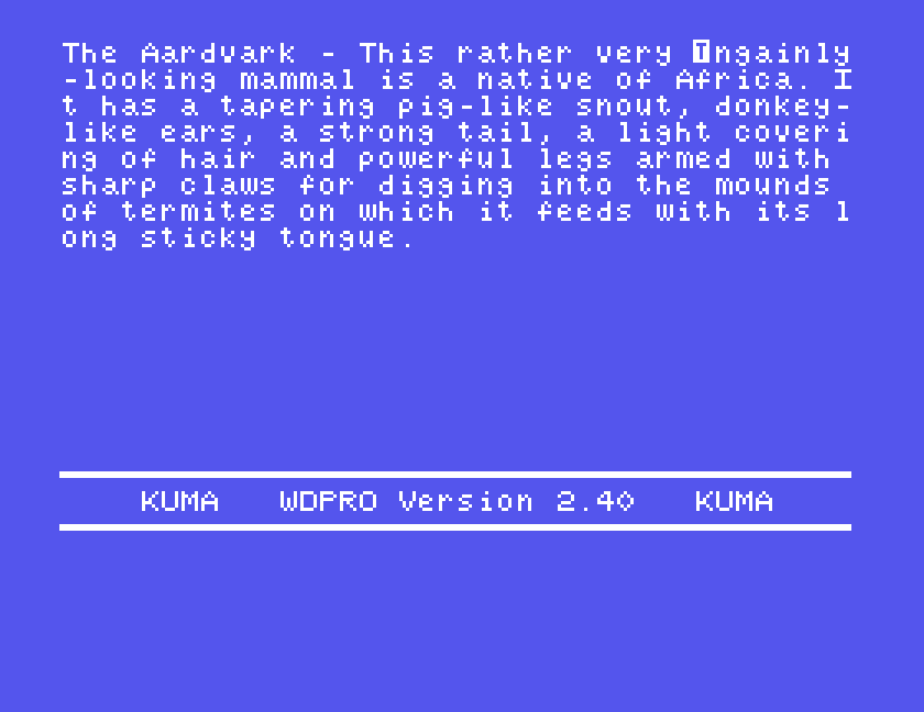 The Aardvark passage with the word very being inserted before ungainly, the insert cursor an outlined block