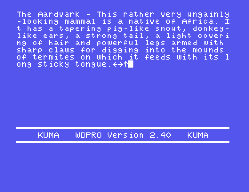 The end of the Aardvark passage with a left arrow, a right arrow and an up arrow typed after the last word