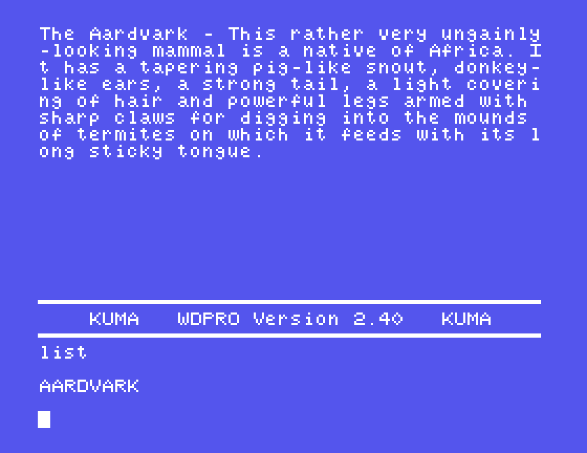 The command area after LIST, showing the file AARDVARK