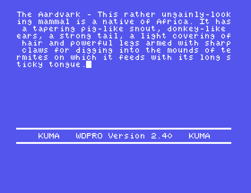 The Aardvark passage typed into WDPro, the words running on across rows of 40 characters and split wherever a row ends