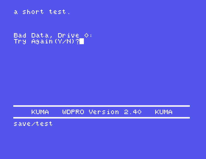 The WDPro screen with Bad Data, Drive 0: Try Again (Y/N)? in the text area