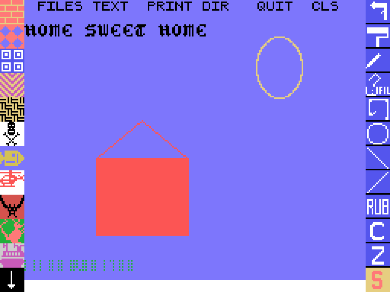 A picture made in Mouse Art: a red house under a yellow sun on a light blue sky, with HOME SWEET HOME in gothic letters, framed by the program's pattern and tool icons