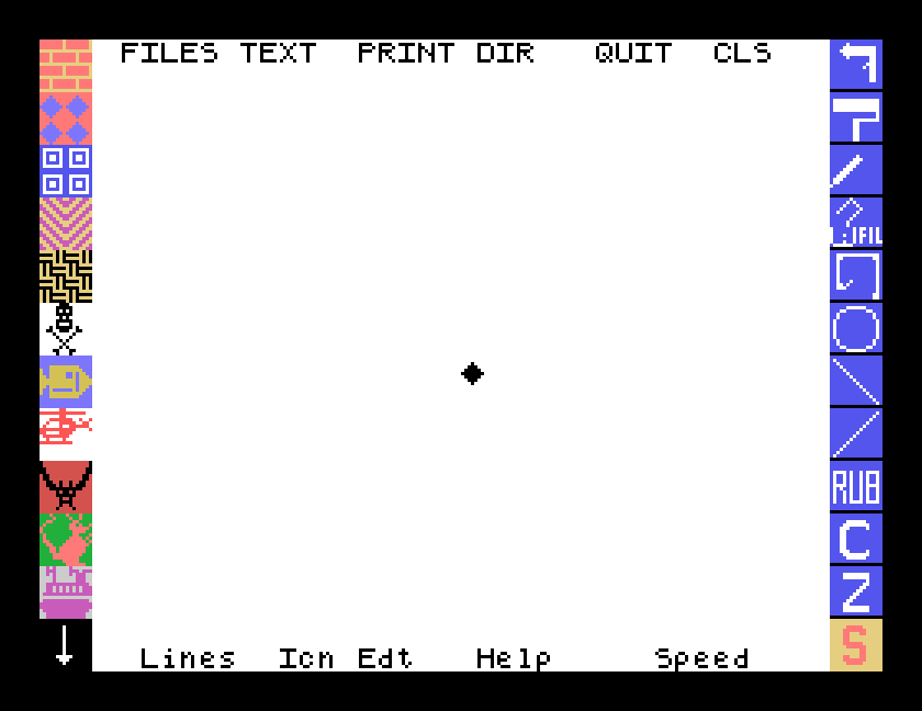 Mouse Art as it starts: a white canvas with a diamond pointer, FILES TEXT PRINT DIR QUIT CLS along the top, patterns down the left, tool icons down the right, Lines Icn Edt Help Speed along the bottom