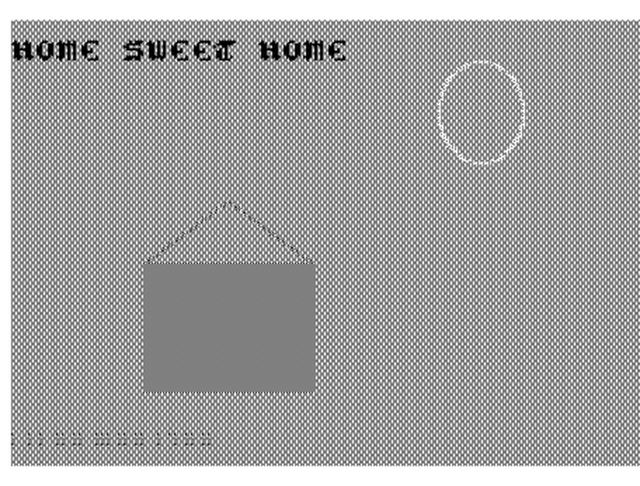 The printout: the house, sun, grass and title in grey dot patterns, the sun now round