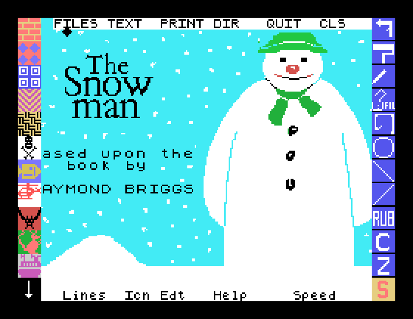 The Snowman loading screen in Mouse Art, the snowman in a green hat and scarf against a snowy cyan sky